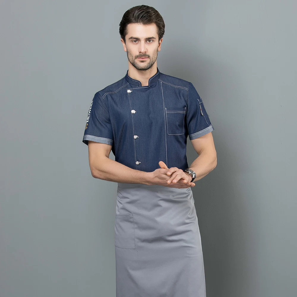 Blue Форма шеф-повара вышитая Корона логотип Chaqueta шеф-повара Лето короткий рукав Ресторан Кухня унисекс одежда Ropa De Cocina - Цвет: Blue