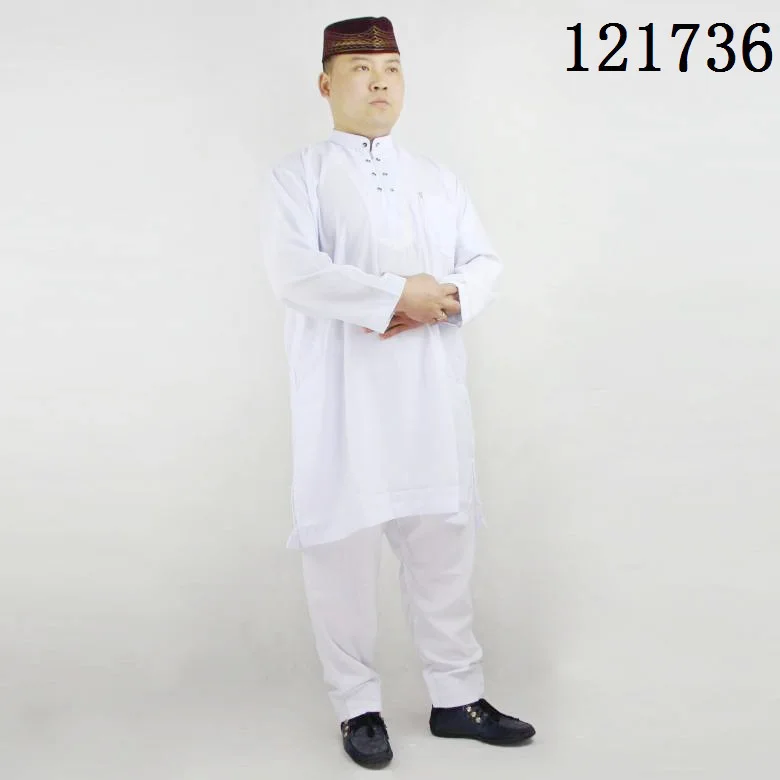 A021 Linen Cotton Two pcs one set Embroidery Button Men Thobe two line Button Zipper Pocket in front white Men Abaya