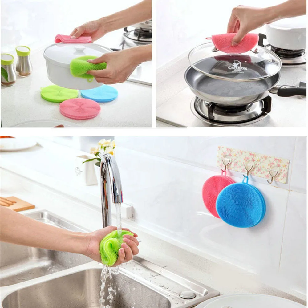 3PCs/Pack Silicone Dish Washing Sponge Scrubber Cleaning Brush Scouring Pad Dish Pot Cleaner Hand Protector Kitchen Washing 1.69