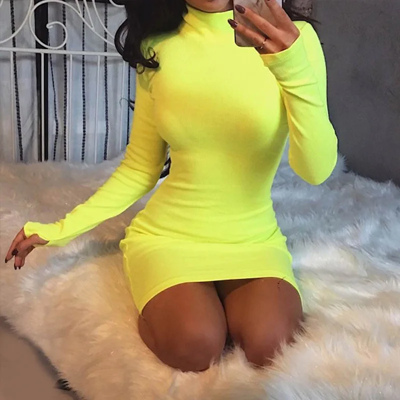

Kimuise Turtle Neck Pencil Dress Long Sleeve Mini Sexy Bandage Dresses For Women Autumn Winter Slim Bodycon Robe Female Tunic
