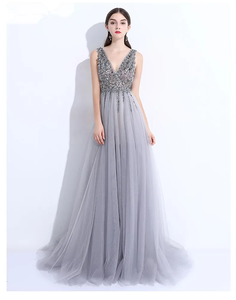 Beaded-Pearls-Pageant-Gown-Sexy-V-Neck-Front-Slit-Gray-Tulle-Long-Formal-Evening-Dresses-robe (2)
