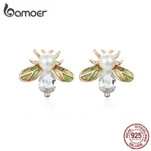 Bamoer Кристалл queen гвоздики Пчелка серьги для женщин сверкающие зеленые эмаль крыло серьги шпильки стерлингового серебра 925 жемчужные ювелирные изделия SCE643