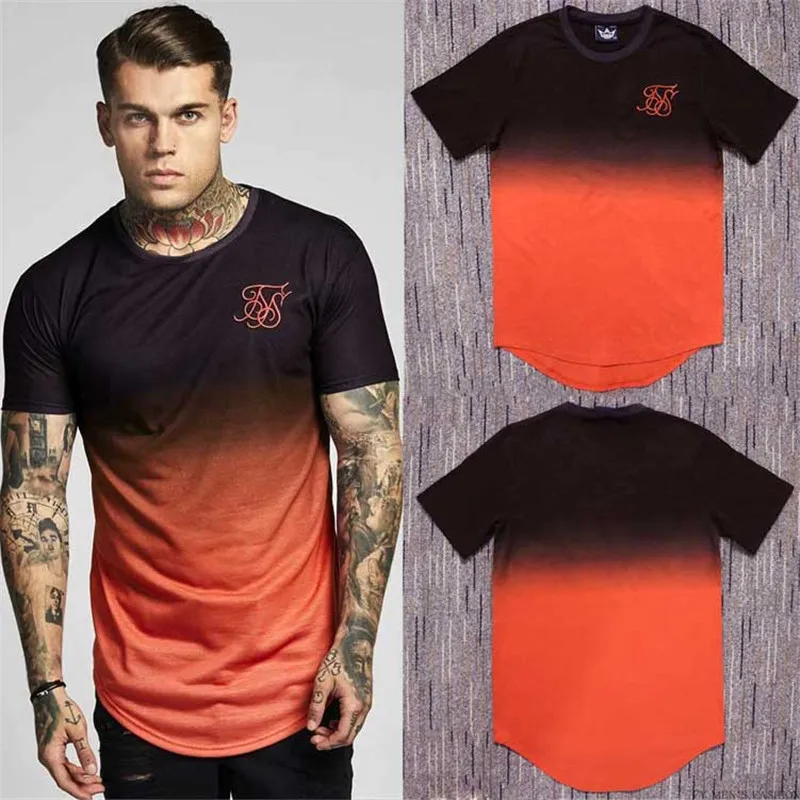 New  summer cotton silk siksilk T-shirt gradient print T-shirt short-sleeved hip hop T-shirt shirt men's Longline T-shirt with
