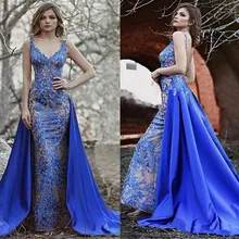 Вечерние платья со съемной юбкой из кружева и тюля, расшитые бисером, v-образный вырез, шлейф, Королевский синий цвет, вечерние платья для вечеринки размера плюс, платья для выпускного вечера