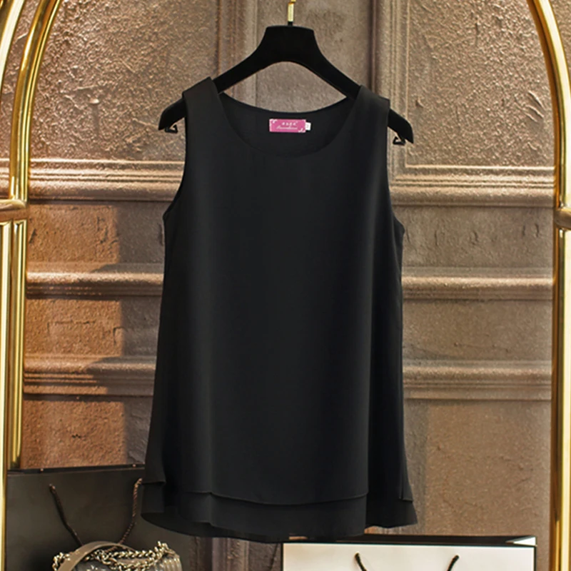 2019 New Solid color Women Long Chiffon shirt summer Casual Top plus size S-6XL Loose sleeveless Blouse Double chiffon Blouses