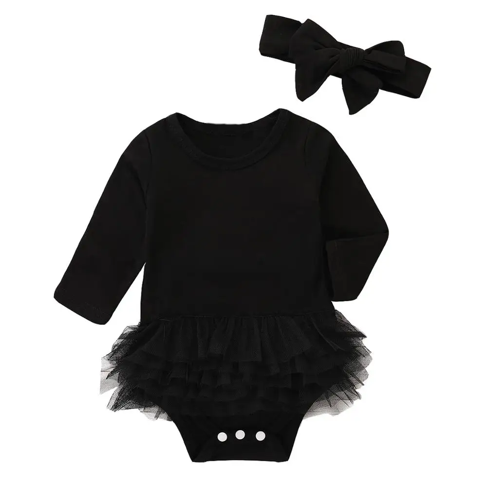 

New Fashion Infant Newborn Baby Girl clothes long sleeve mesh Jumpsuit solid Bodysuit Clothes Headband Outfit 0-2T