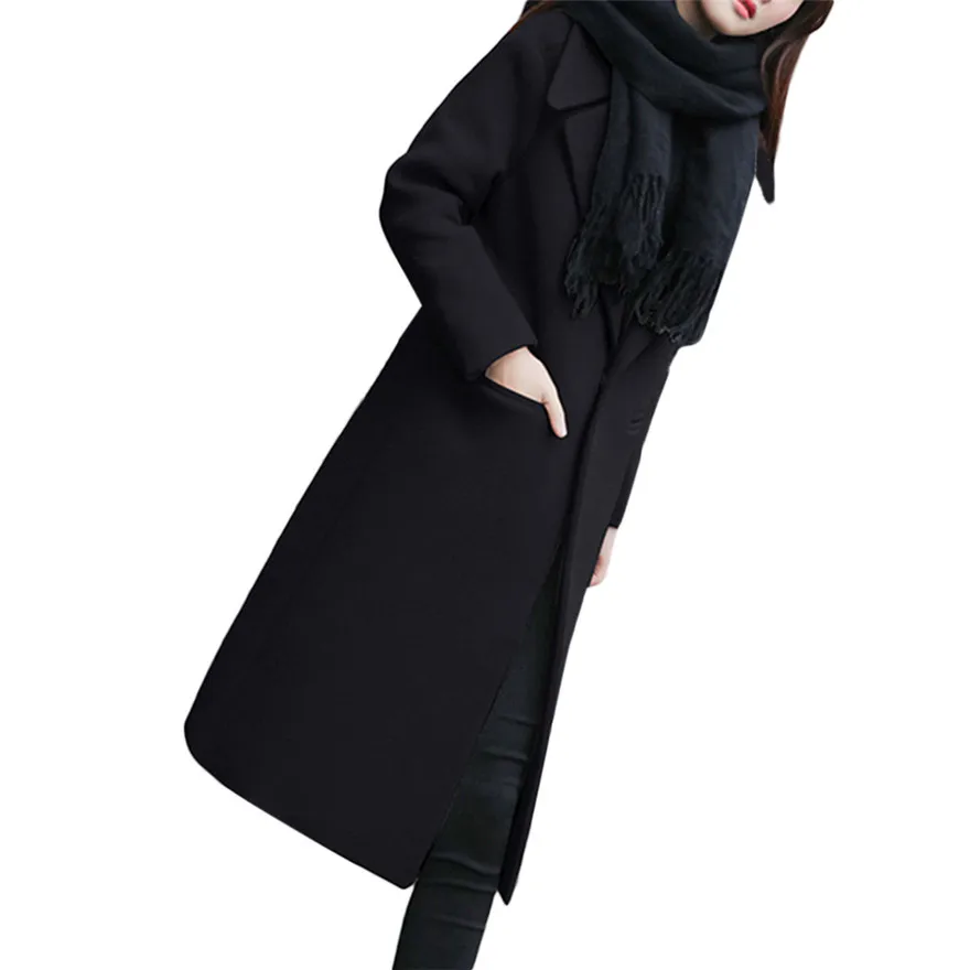 A Fashion khaki black Coffee green khaki Lapel Coat Sleeve Womens Trench green coffee Long Wool Outwear Winter 1106 Overcoat 733 Black rXZ5qw5d