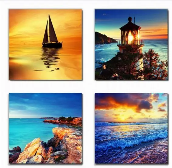 

Best Art 4 Panel Modern Printed Beach light ship Picture On Canvas Kicthen Decor Cuadros Landscape For Living Room Home Decor