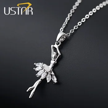 

USTAR AAA Cubic Zirconia Ballet Dancer Pendant Necklaces for women Silver Color Chain Crystals Clavicle Necklace collars Jewelry