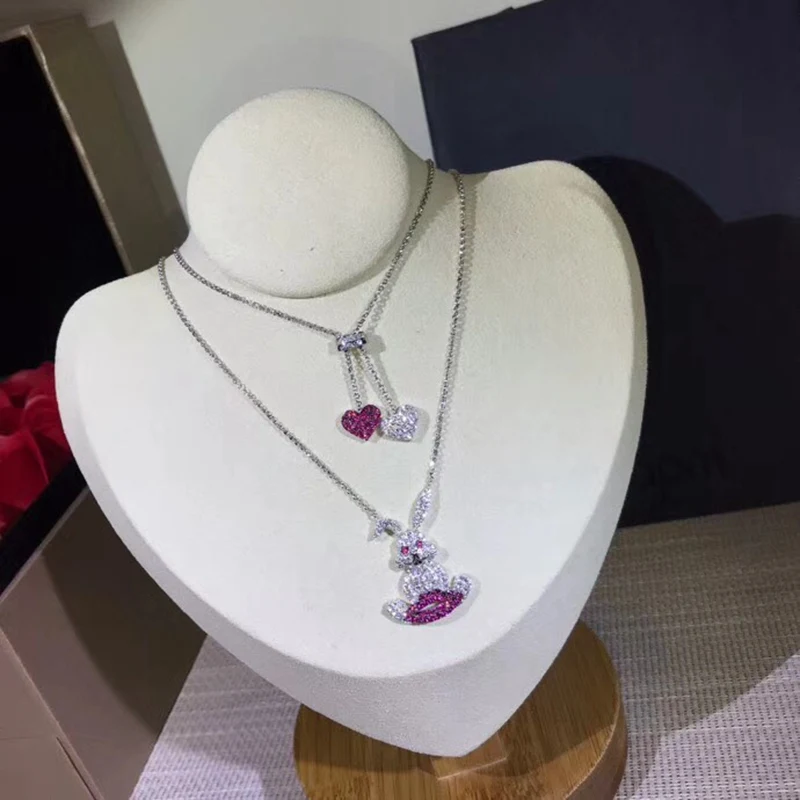 

Fashion Naughty Rabbit Red Lip Heart Necklace Mr Bunny Pure 925 Sterling Silver Zircon Charm Collar Women Wedding Monaco Jewelry