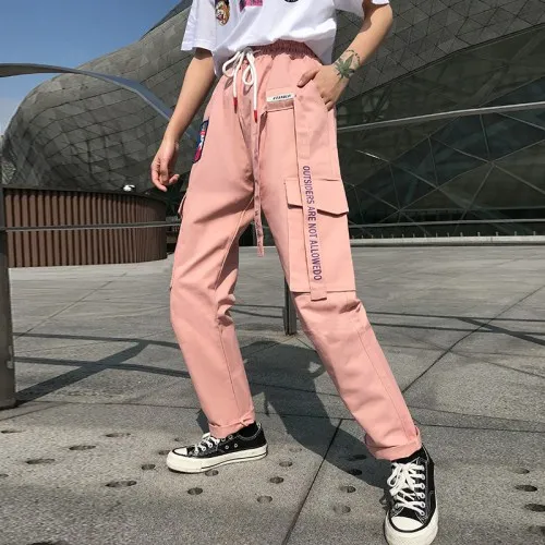 WKOUD женские брюки-карго на завязках, на талии, с буквенным принтом, спортивные штаны, розовые, с большими карманами, по щиколотку, брюки, женские брюки, P8918 - Цвет: pink