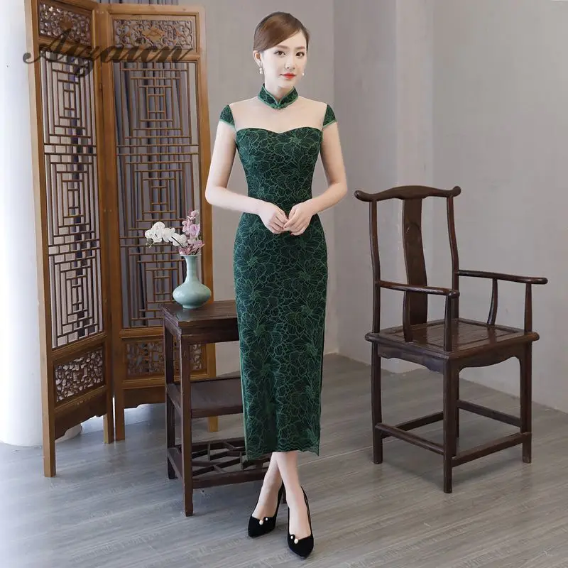 Сексуальная Cheongsam Зеленый Длинные свадебные Qipao Для женщин кружевное вечернее платья китайское традиционное платье халат Восточный Стиль