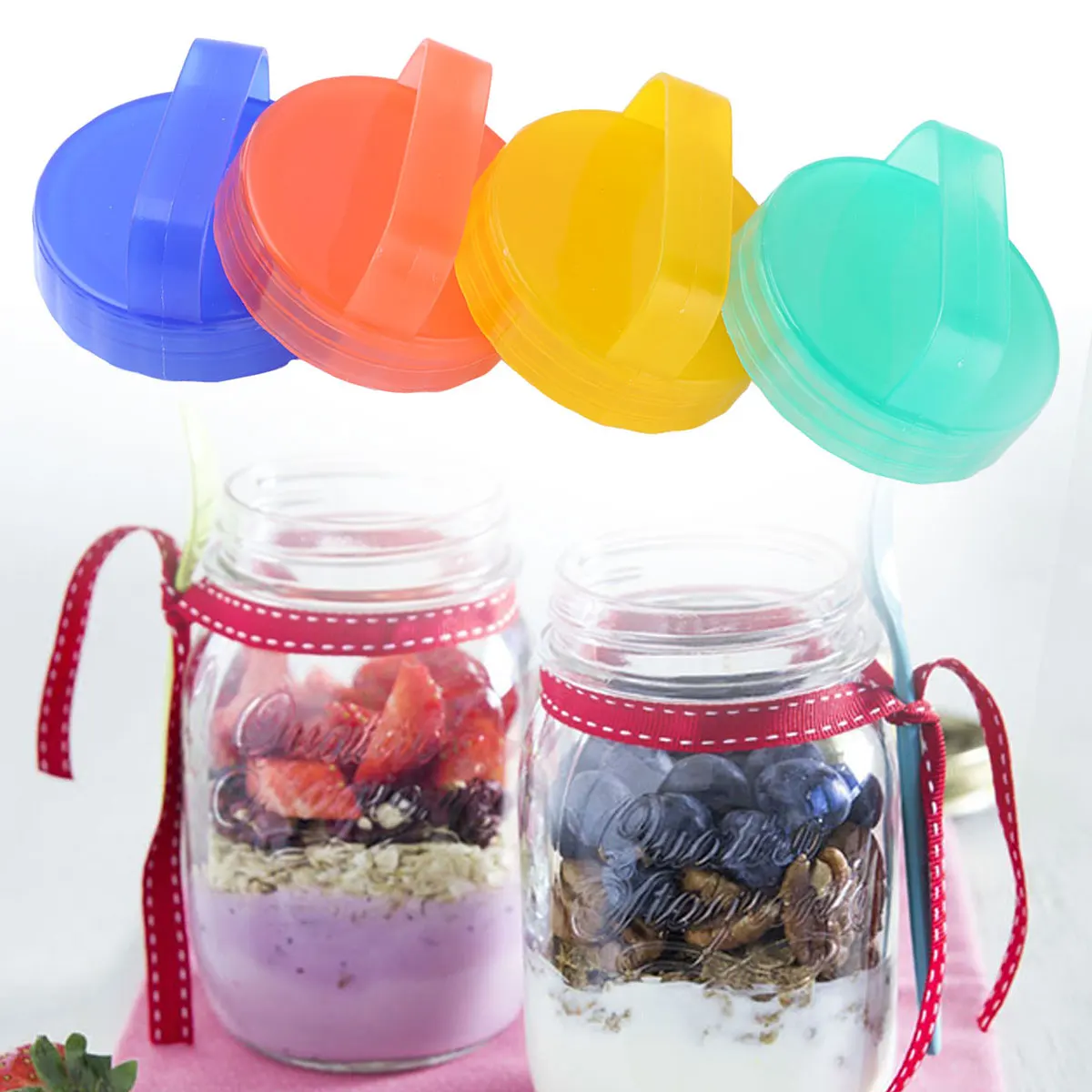 

Pack of 4 Assorted Color Food-Grade Durable Plastic Caps Lids Removable Foam Gasket Replace Handles Mason/Canning Drinking Jars
