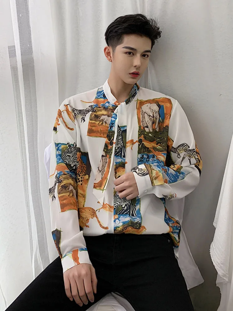 

Men Vintage Pattern Print Long Sleeve Loose Casual Shirt Male Tie Bow Dress Shirts Lovers Streetwear Shirt Stage Clothing