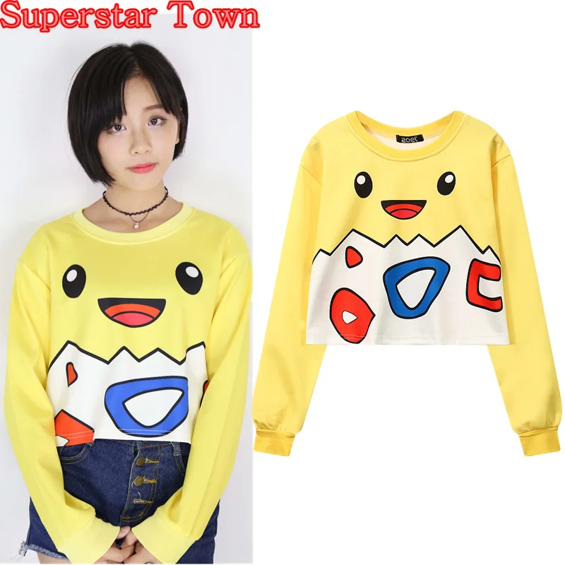  Cropped Togepi Hoodie Crop Sweatshirt Women Harajuku Cartoon Pikachu Hoodies Girl Lady Sexy Kawaii 