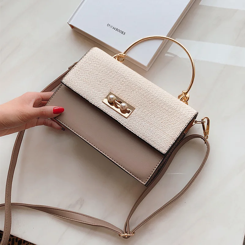 

Straw Designer Crossbody Bags For Women With Pearl Lock 2019 Fashion Small Shoulder Bag Metal Handle Purses and Handbags New