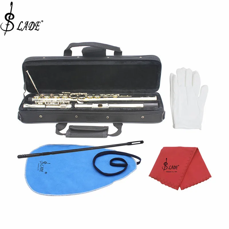 

SLADE Flute Cupronickel Plated Silver 16 Holes E Key Flute Woodwind Instrument with Cleaning Cloth Stick Gloves Storage Bag