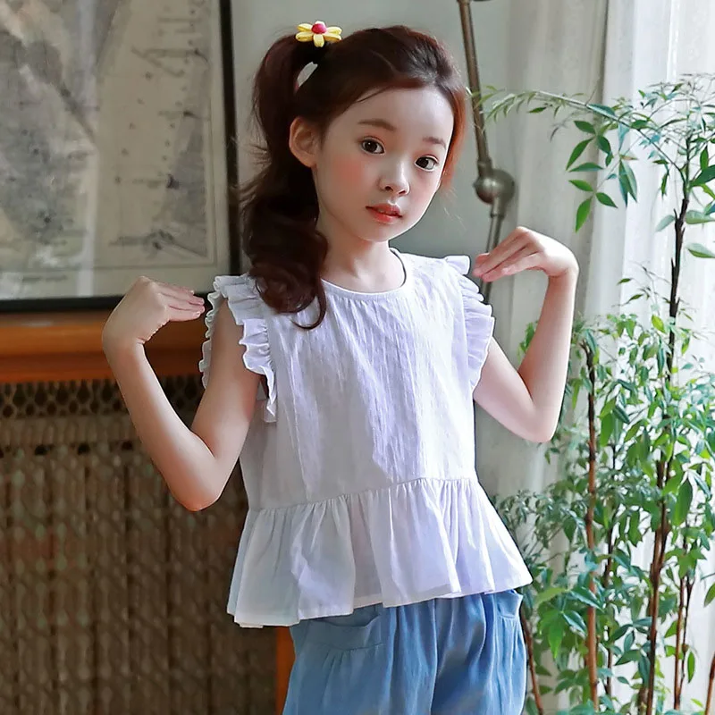 cotton ruffles big girl blouse summer 2018 children sleeveless white