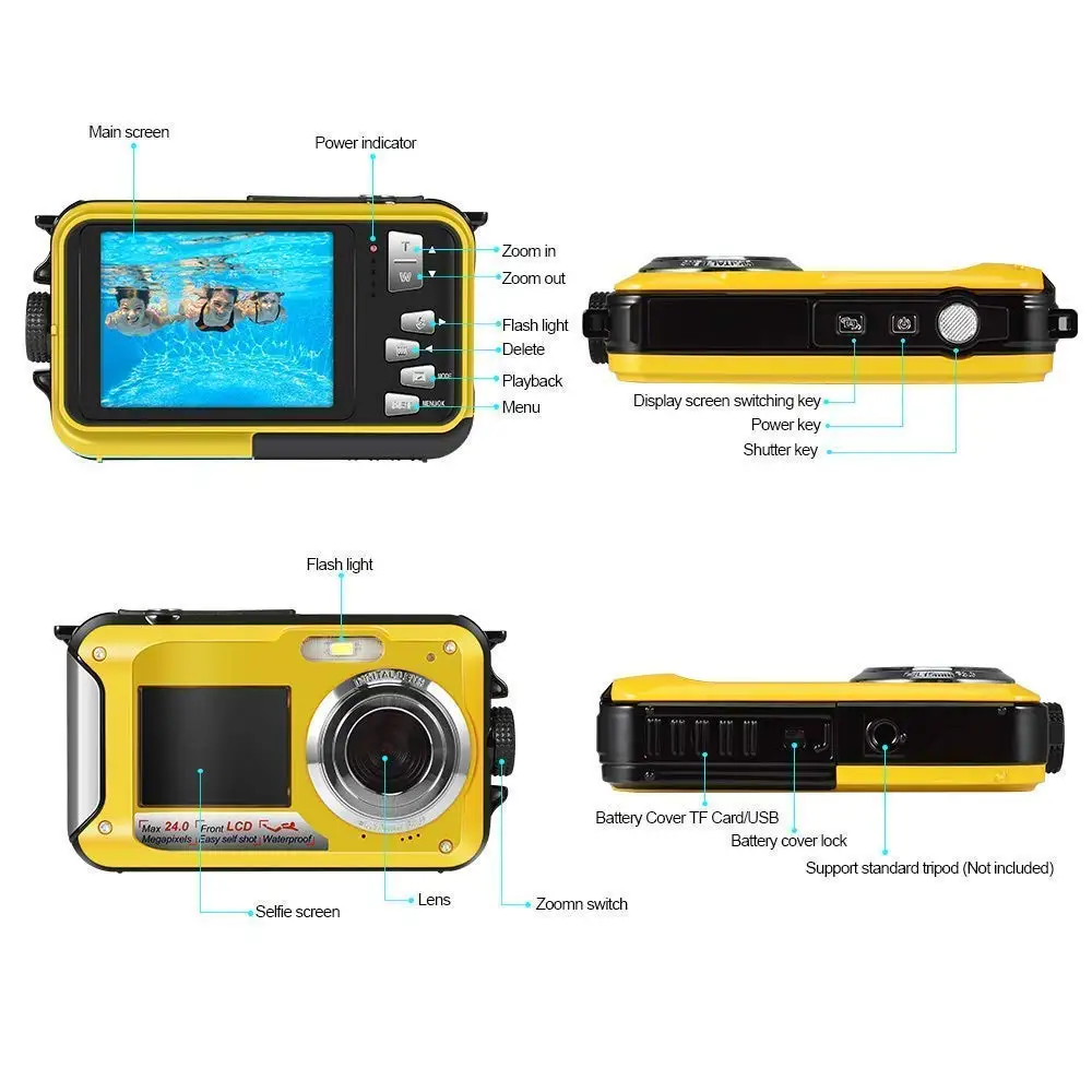 HD268 водонепроницаемая цифровая камера 2,7 дюймов TFT двойной экран Камера 24MP MAX 1080 P Full HD подводный зум видеокамера новое поступление