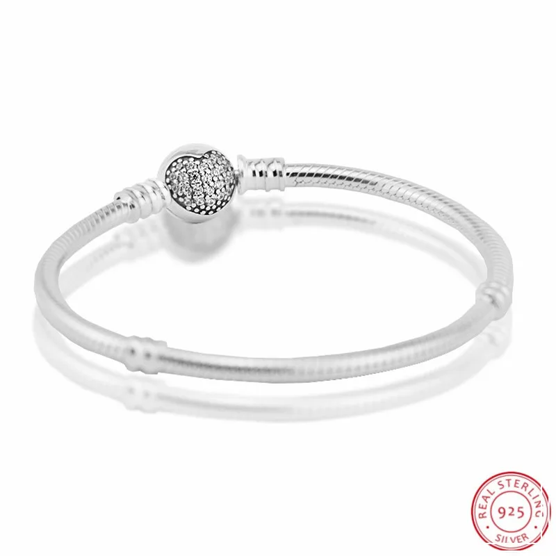 

Valentine's Day Gift Round Clasp Stone-Studded Sparkling Heart Snake-chain Bracelets for Women Silver 925 Jewelry FLB034