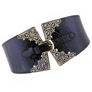 

LBFS Hot New Lady Women Elastic Waistband Wide Waist Belt Retro Metal Buckle Faux Leather Blue