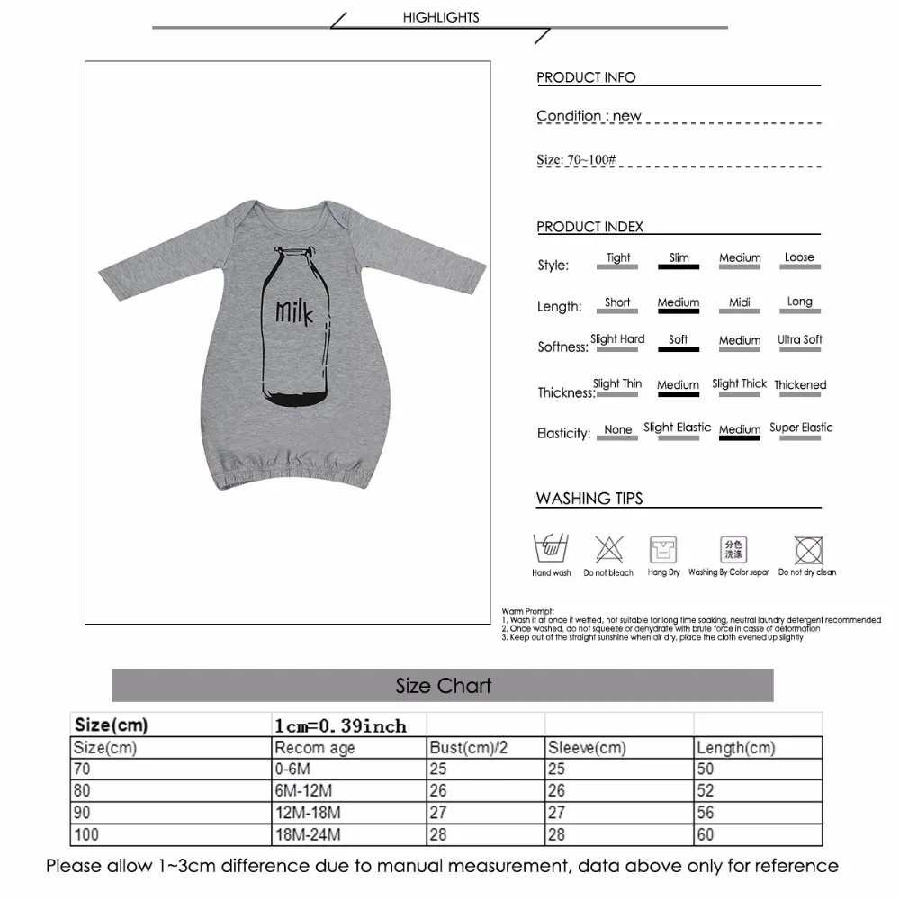 Одежда для новорожденных мальчиков и девочек Комбинезон с молочной бутылкой, боди, спальный мешок, одежда для сна, одежда для сна, серое Ночное платье