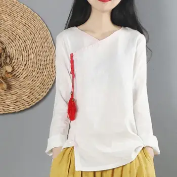 

Cotton and linen tops women blouse tops spring national style vintage loose o-neck long sleeve shirts