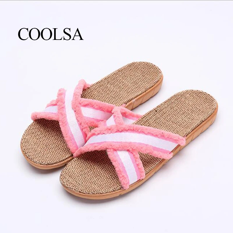 

COOLSA New Ladies Cross Mixed Colors Linen Slippers Women's Cool Breathable Flat Slippers Home Indoor Flax Slides Wholesale Hot
