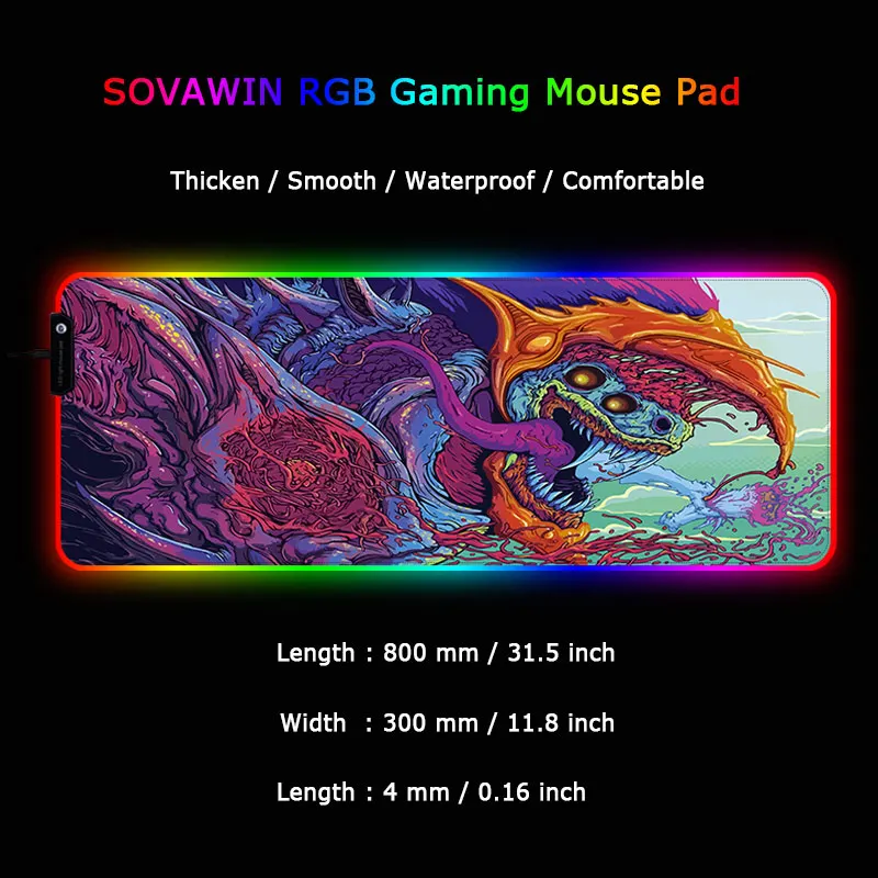 SOVAWIN светодиодный RGB коврик для мыши игровой резиновый 800x300 коврик для мыши USB Противоскользящий семь цветов с запирающим краем для компьютера для ноутбука