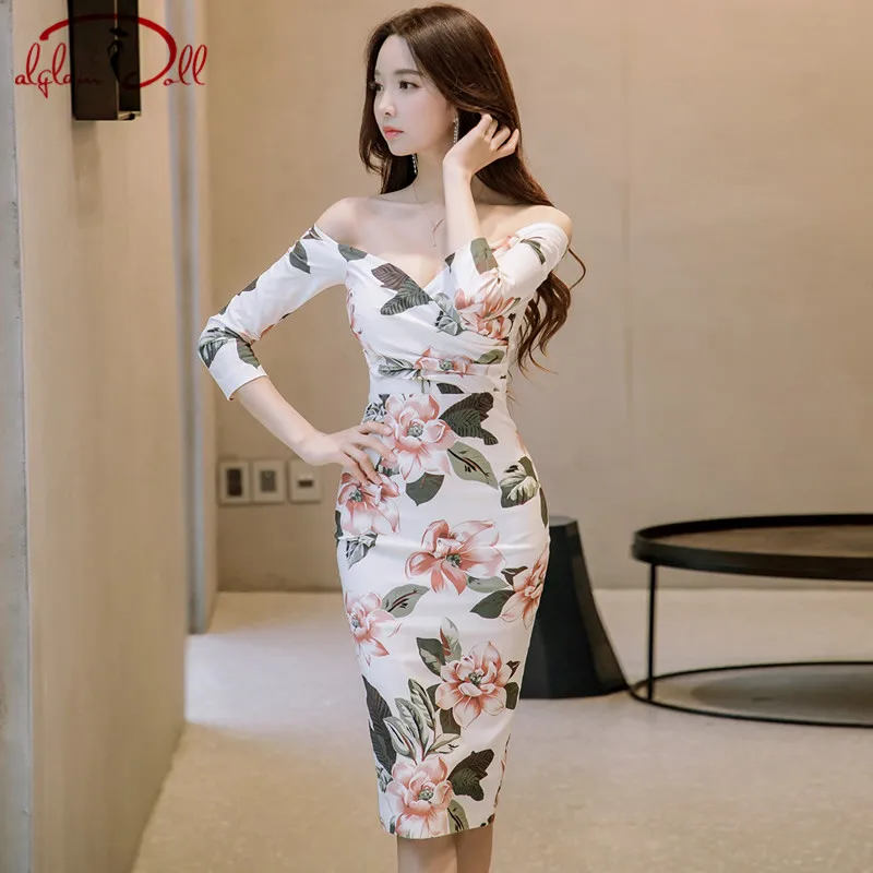 

2019 New Full Sleeve Strapless Sexy Party Dresses Knee-Length Women Bodycon Midi Pencil Floral Print Vestidos