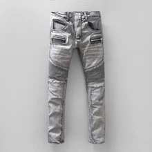 Высокое качество slim fit мужские узкие мото байкер джинсы черный синий белый плиссированные джинсовые брюки мужчины