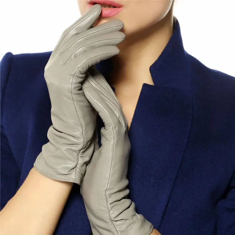 Модные женские перчатки из натуральной кожи, новинка, зимние однотонные перчатки из овчины для вождения, L022nq - Цвет: light grey
