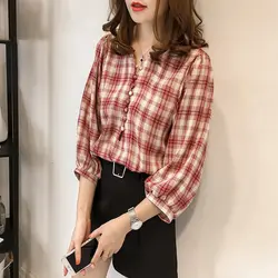 Lucyever новые модные женские рубашки весна сексуальный v-образный вырез принт плед три четверти рукав блузка корейский Повседневный Топ Плюс
