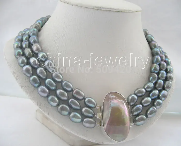 

Free Shipping 17-19" 3row 11-13mm peacock green baroque FW pearl necklace