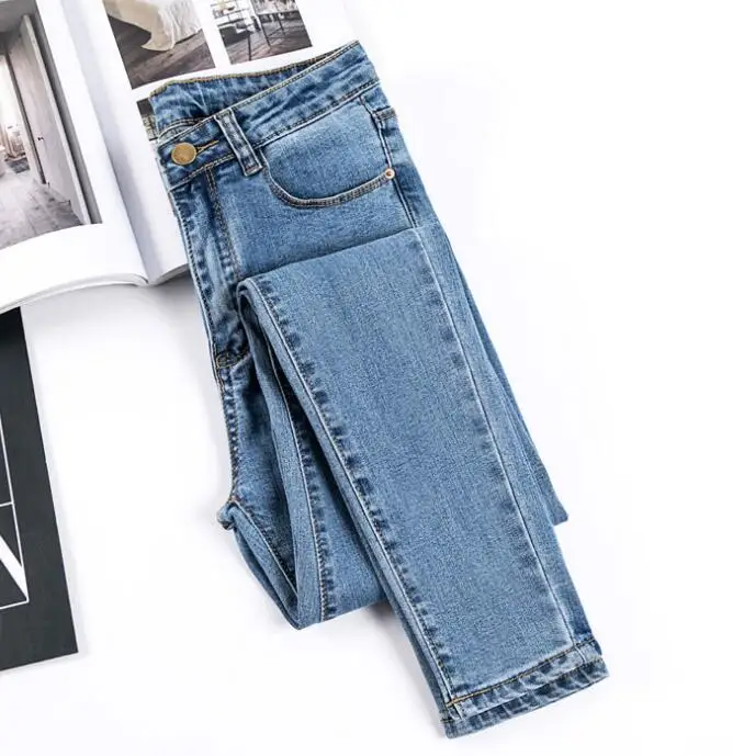 Джинсы для женщин, джинсы с высокой талией, узкие растягивающиеся женские джинсы, джинсовые узкие женские штаны, синие, черные, большие размеры - Цвет: Синий