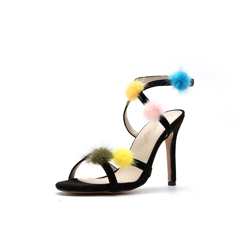 

YANSHENGXIN Mink Fur Women's Summer Shoes Fashion Narrow Band Cross-tied High Heels Sandals Female Footwear Women Open Toe Shoes
