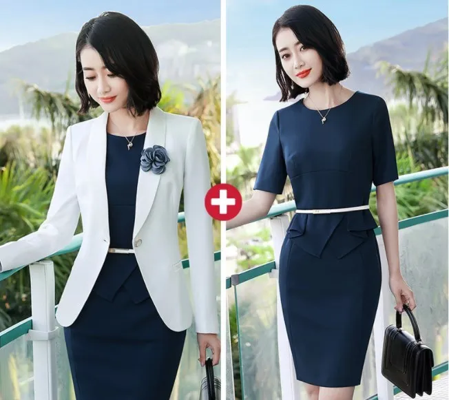 Office Ladies Dress Suit Long Sleeve Blazer Set For Businesss Women Formal 2 Piece Set Jackets and Dress Work Wear Dresses Suits - Цвет: Белый