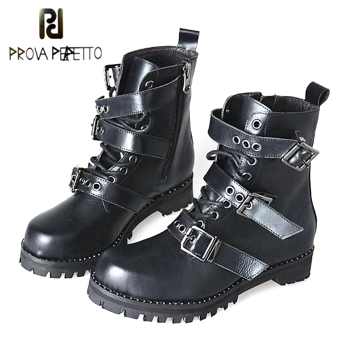 

Prova Perfetto Autumn Winter Ladies Short Boots Belt Buckle Genuine Leather Gothic Punk Ankle Strap Motorcycle Combat Boots