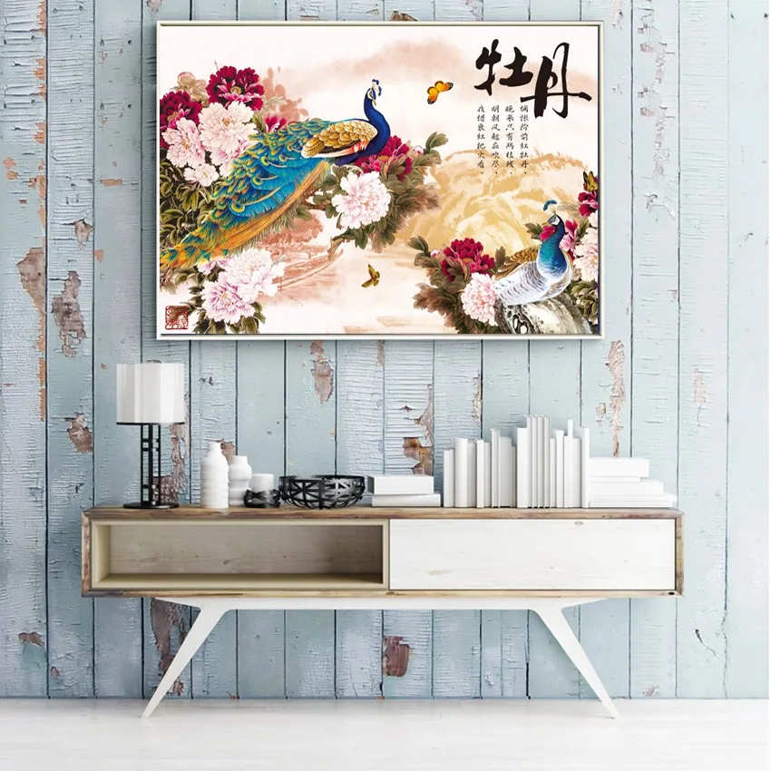 peacock and red pink peony chinese paintings flowers pictures canvas vintage home decor paintings on the wall decorative for study-1