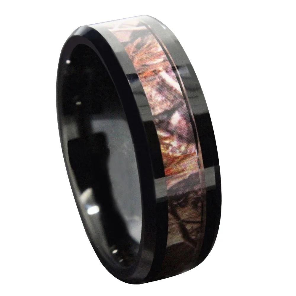 Queenwish-8mm-Black-Tungsten-Mens-Red-Forest-Camouflage-Camo-Hunting-Band-Ring