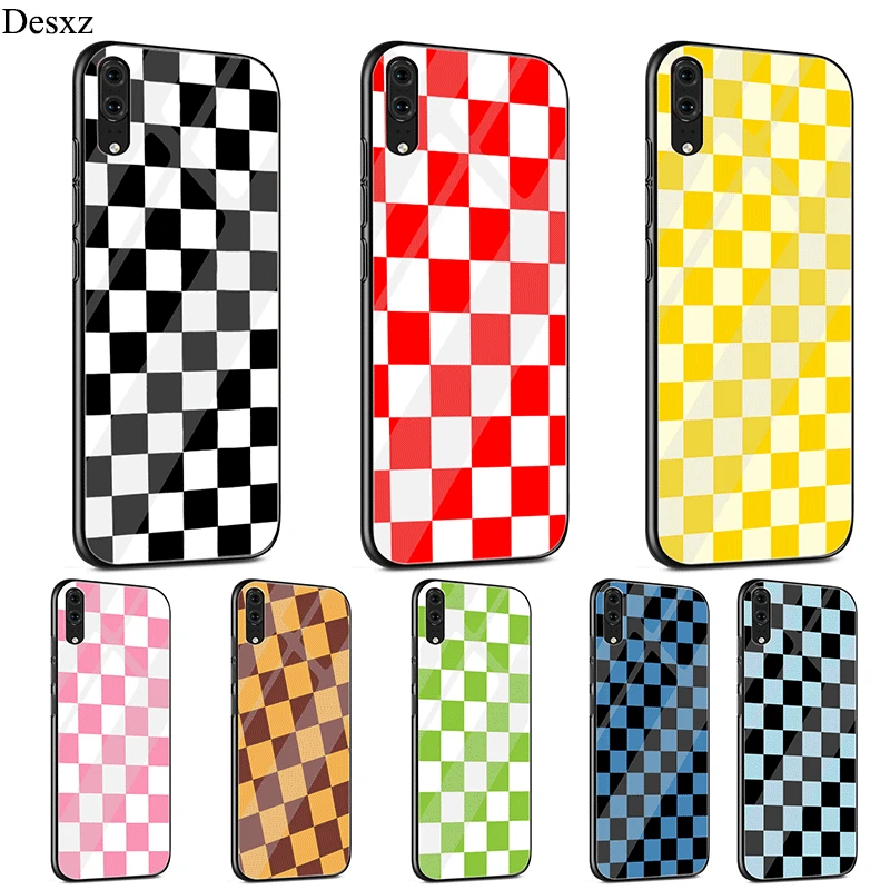 

Phone Case Glass Checkerboard Plaid Checked Checkered For Huawei P Smart Mate 20 P10 P20 P30 9 10 Lite Pro Y6 Y9 8X 7A Cover