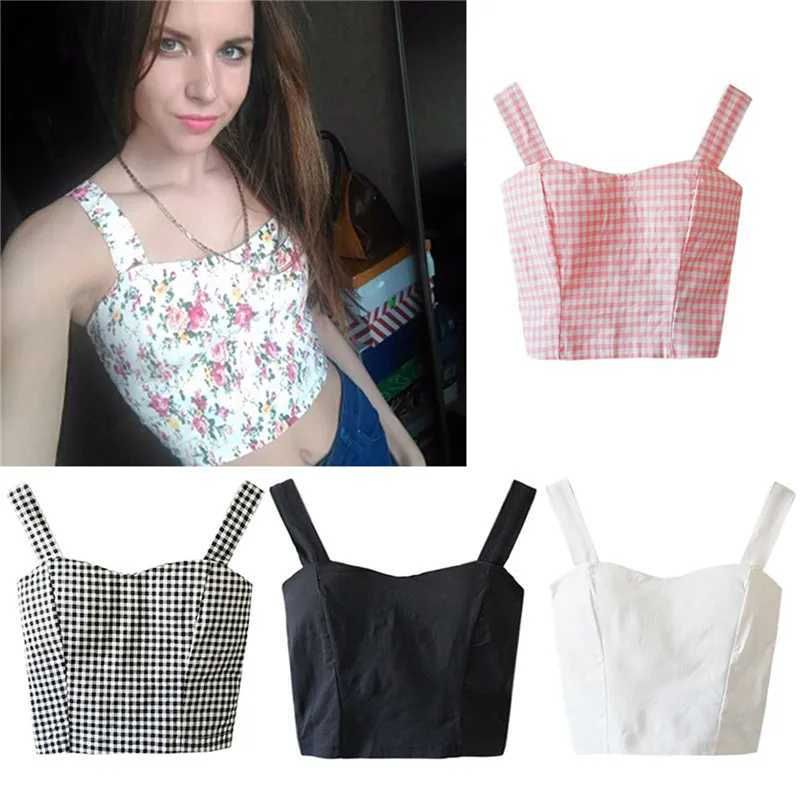 Для женщин леди летнее платье без рукавов с лямкой через шею Tank Crop Top короткие пляжные жилет цветочный