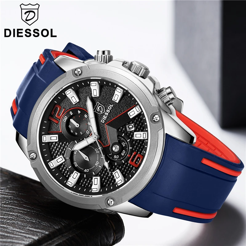 

DIESSOL Men's Fashion Chronograph Sport Quartz Watch Mens Watches Top Brand Luxury Rubber Band Military Watch Relogio Masculino