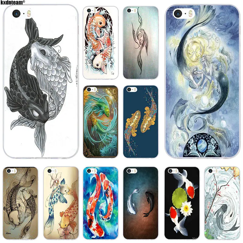 

Soft Silicone TPU Phone Cases Transparent Cover Yin Yang Koi Fish for iPhone 4S 5 5S 5C SE 6 6S 7 8 X Plus Coque Fundas Shell