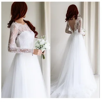 

LORIE Wedding Dress 2019 Long Sleeves Appliques Lace Beach Bride Dress Sexy See Through Back White Ivory Wedding Gown