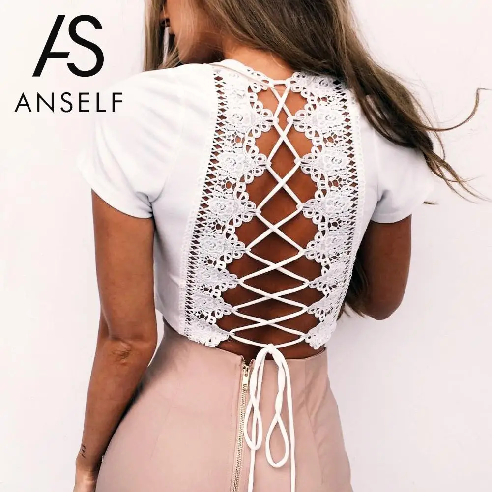 

Anself 2019 Sexy Women Bodycon Crop Top V-Neck Short Sleeve Summer Lace Top Solid Crochet T Shirt Women Tee Shirt Femme Blusas