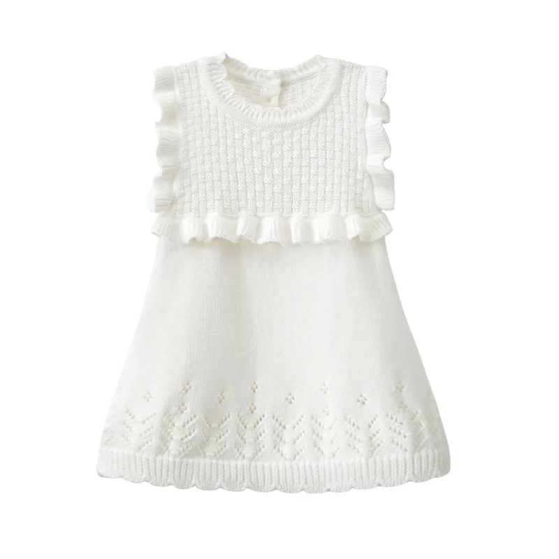 

Baby Girls Kint Sweaters Clothes Solid White Children Elegant Princess Party Dresses Autumn Winter Toddler Kids Sleeveless Dress