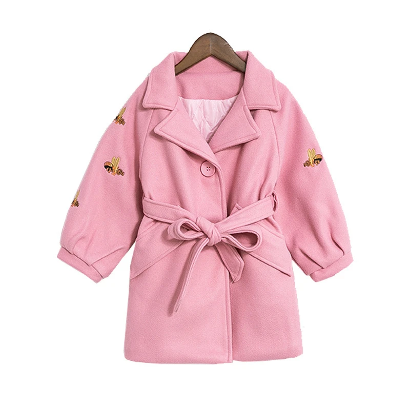 Модная детская куртка зимнее однобортное Детское пальто с отложным воротником и длинными рукавами для девочек одежда с галстуком на талии