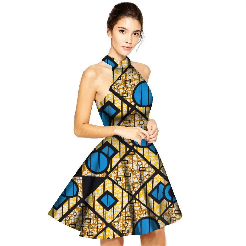 

African Dresses for Women 2019 Knee Length Casual Bazin Ropa De Dama Halter Neck A-Line Custom African Print Dresses
