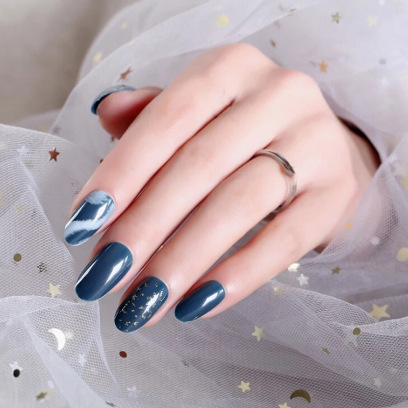 

24Pcs/set New Fake Nails Dark green smudge gold foil fake nails Square Round Artificial Nail Tips with Glue Sticker Office Home